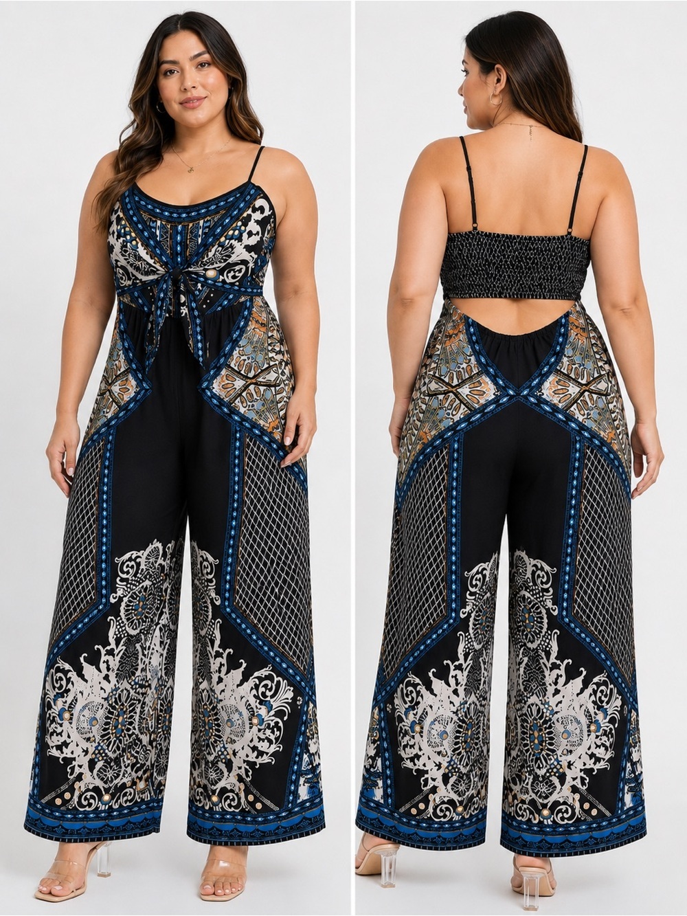 Flying Tomato Black & Blue Paisley-Print Wide-Leg Jumpsuit